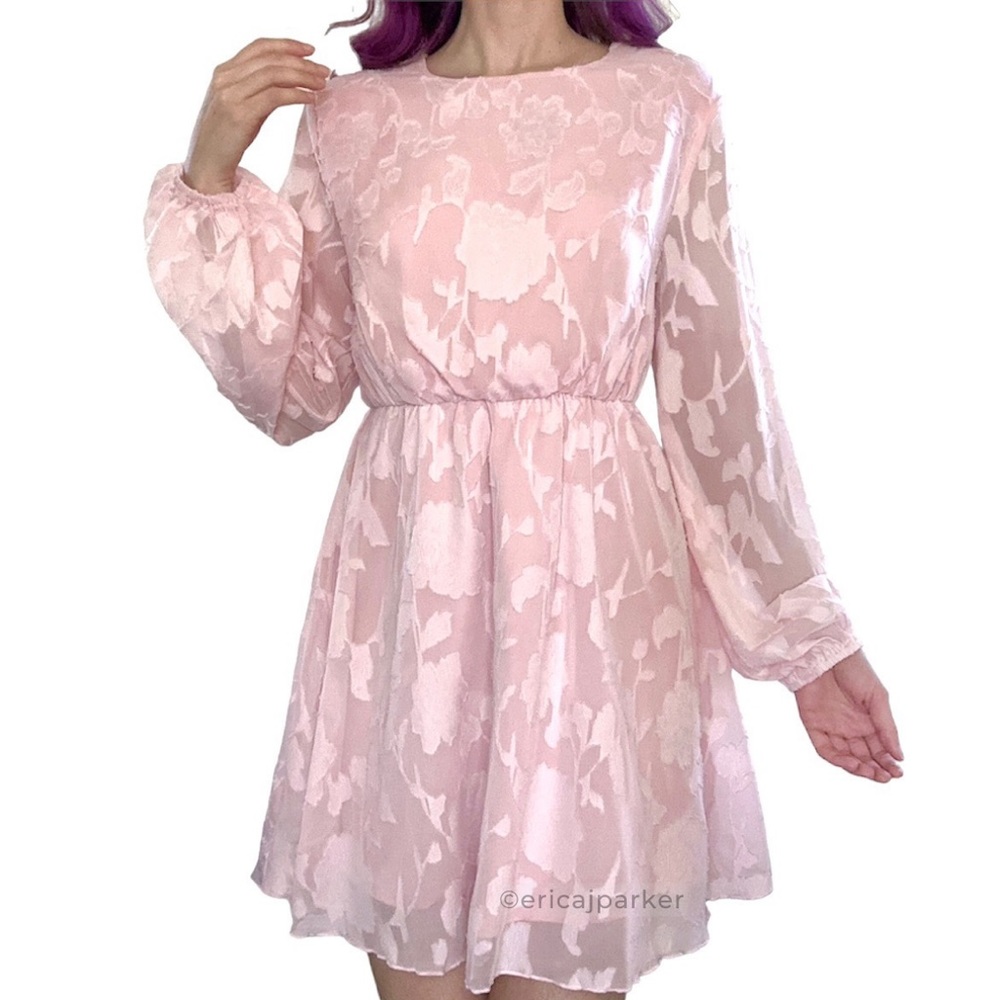 KAJ Pink Floral Chiffon Balloon Sleeve Mini Dress NWOT Size Medium